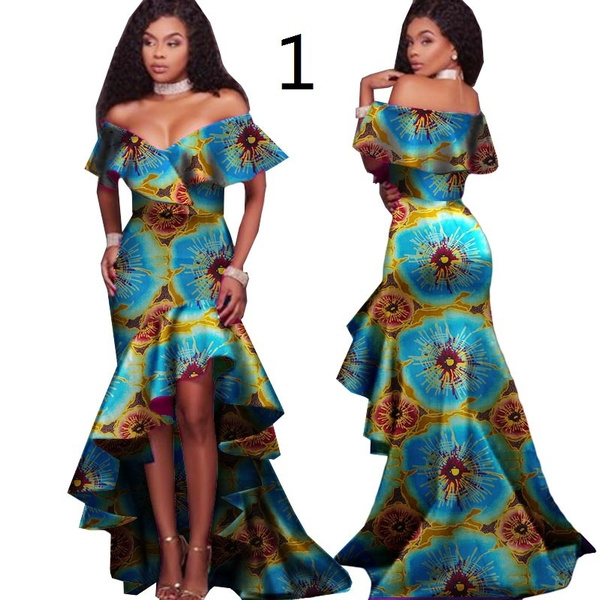 African Dresses for Women Sexy Off Shoulder Slash Neck Long Dresses African  Print Maix Party Dress African Clothes for Women WY2248