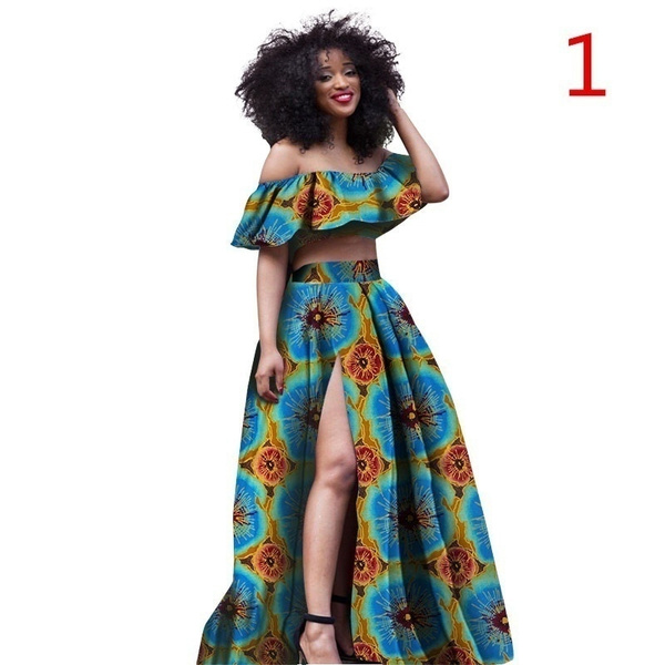 2 Pieces Set Women Summer African Skirt Set Fashion Sexy Crops Tops and  Long Skirts Dashiki Bazin Plus Size Suits for Women Strapless Top Slits  Skirts WY837
