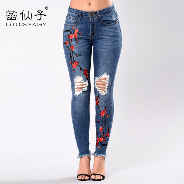 Vintage Embroidered Womens Denim Ladies Jeans Pant Elastic Waist