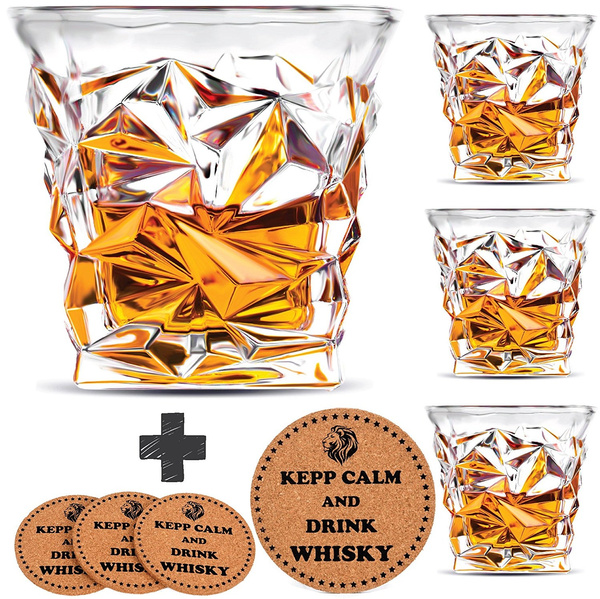 VACI GLASS Crystal Whiskey Glasses - Set of 4 - with 4 Drink Coasters,  Crystal Scotch Glass, Malt or Bourbon, Glassware Set