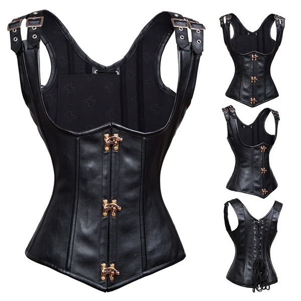 Black Faux Leather Cupless Bustier Steel Waist Trainer Underbust