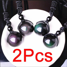 2Pcs Natural Obsidian Necklace Lucky Stone Vintage Black Rainbow Bead Crystal Eye Gloss Pendant Blessing Shining Necklace Necklace (Color: Multicolor)