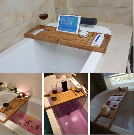 OL Bathroom Bamboo Bath Tablet Holder Over Bathtub Rack Storage Stand ...