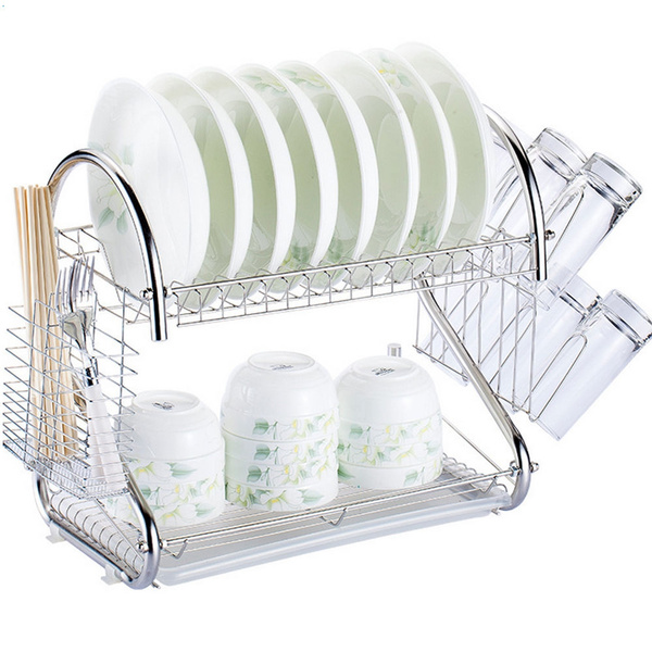 Kitchen Dish Cup Drying Rack Holder Drainer 2-Tier Dryer Tray Cutlery Organizer 