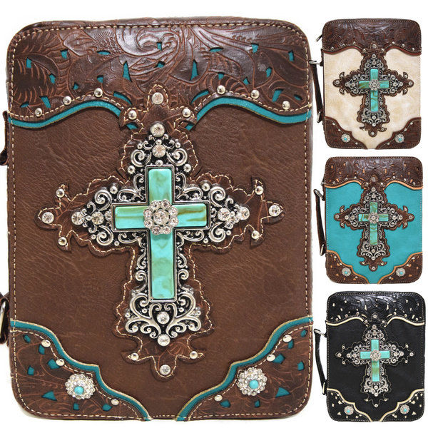 Western Style Bling Rhinestone Cross Country Womens Bible Cover Books Case Removable Strap Messenger Bag 