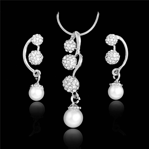 Cubic Zirconia, Bridal Jewelry Set, Pearl Earrings, Crystal