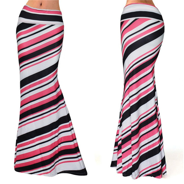 Women High Waist Elastic Stripe Cotton Package Hip Full-skirted Casual ...