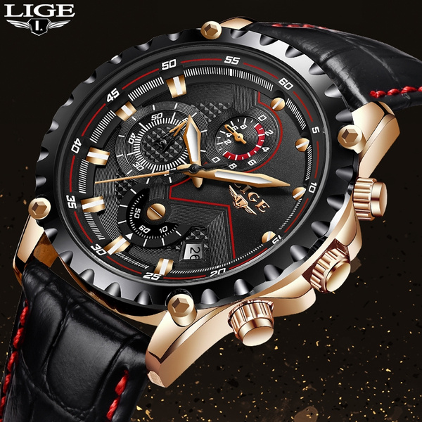 LIGE Men Sports Casual Wristwatch Analog Leather Quartz Round Watch ...