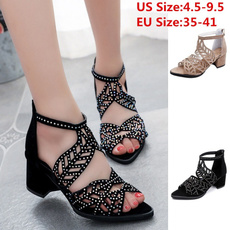 Size 38-41 Women 's Fashion Sexy Hollow Rhinestones Fish Mouth Sandals Rough High Heel Shoes