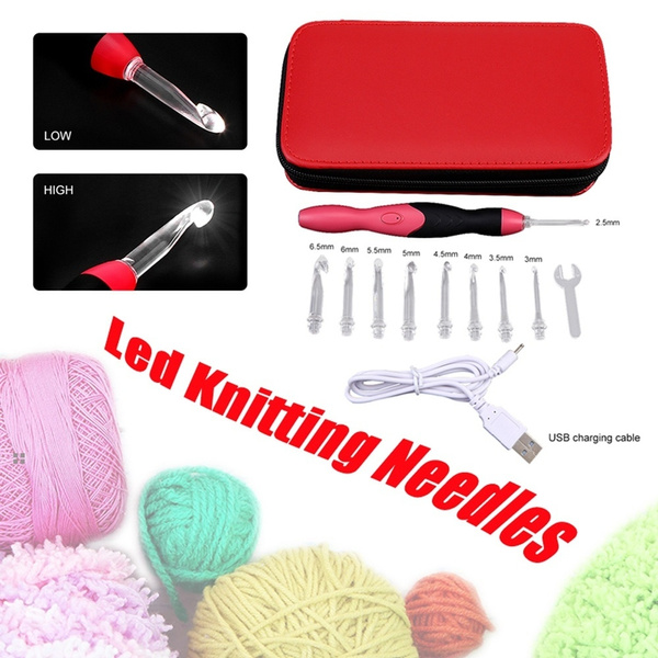 9 in 1 USB Light Up Crochet Hooks Knitting Needles LED Sewing Set Kit (Red)