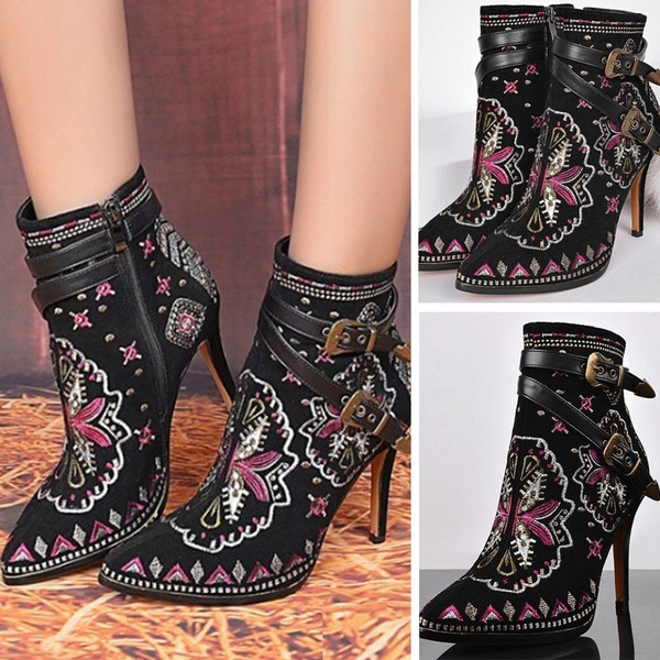 2017 Women s Shoes Vintage Embroidered heels Boots Belt Buckle Pointed High heeled Knight Boots