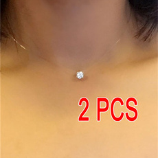 2 Pcs Crystal Women's Accessories Necklace Simple Zircon Fashion 925 Sterling Silver  Invisible Line Temperament Clavicle Chain