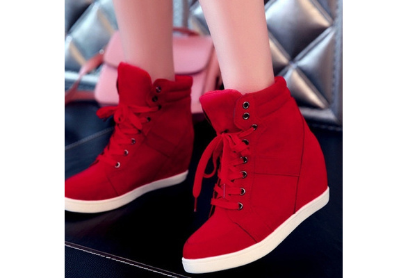 Fashion Women's Wedge Sneakers Hidding Heels Black Red High Top