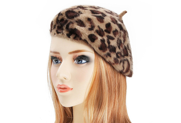 8626 Womens Rabbit Fur French Beret Hat Leopard Print French Beret Fashionable Leopard Print Beret Winter Warm  main image 4