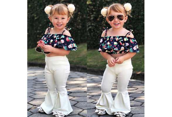 Fashion Toddler Kids Girls Off Shoulder Floral Tops Flares Pants