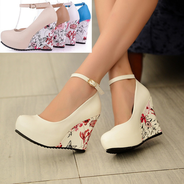 Womens Ankle Strap High Wedge Platform Heels Wedding Bride Flower Shoes