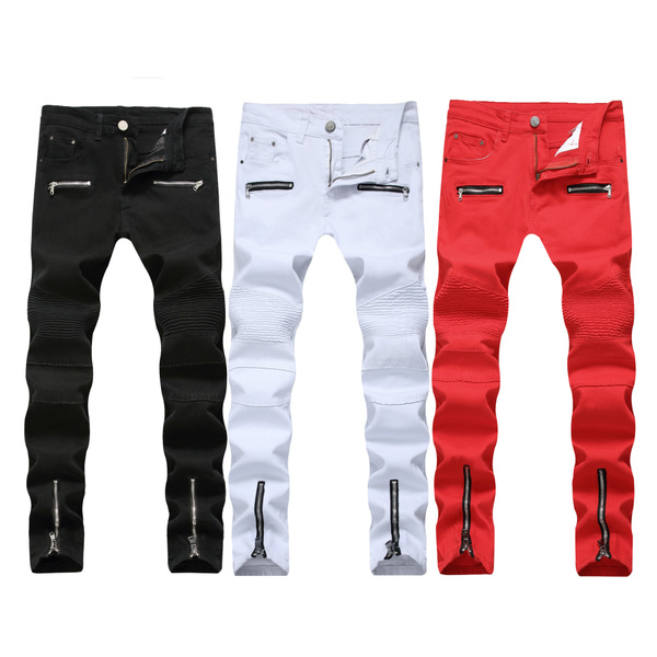black and red biker jeans