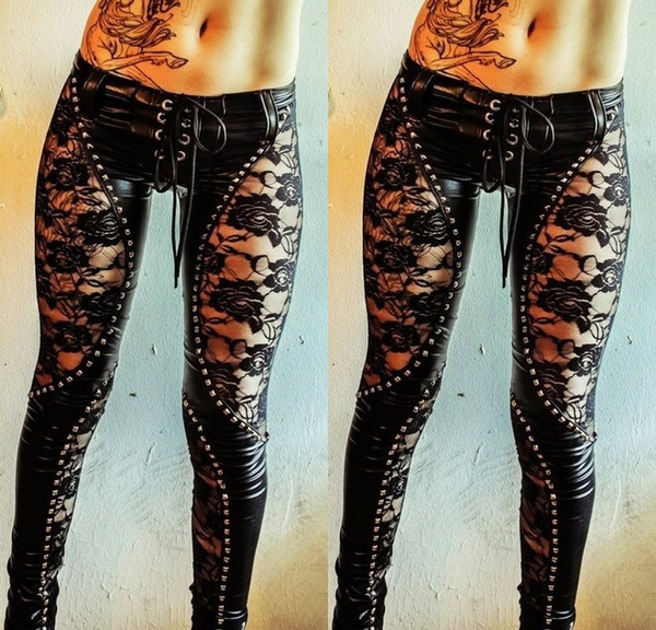 Sexy Women Fashion Lace Up Hollow Out Leather Pants Casual Black