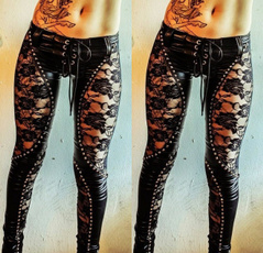 Sexy Women Fashion Lace Up Hollow Out  Leather Pants Casual Black Leather Rivet Punk Pencil Pants