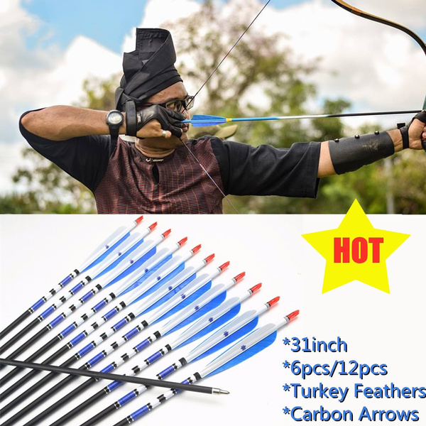 6Pcs 31"Carbon Arrows Spine 500 Turkey Feather For Recurve Bow Archery Shooting 