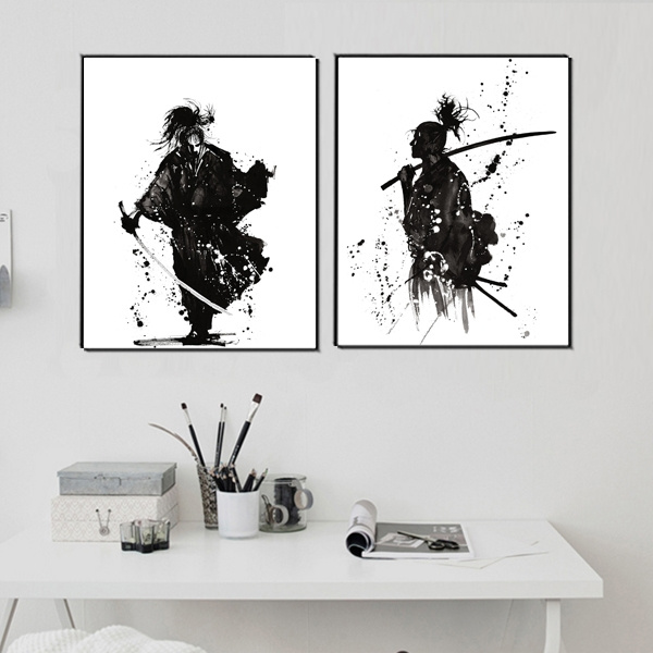 Black and White Japanese Samurai Painting Picture Home Wall Poster 