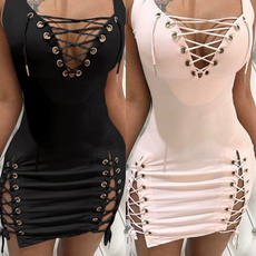2 Color Women's Fashion Solid Color Sexy Dress Sleeveless Deep V Neck Lace Up Dresses Tight High Waist Package Hip Side Split Mini Dress Evening Party Slim Fit Shirt Dress