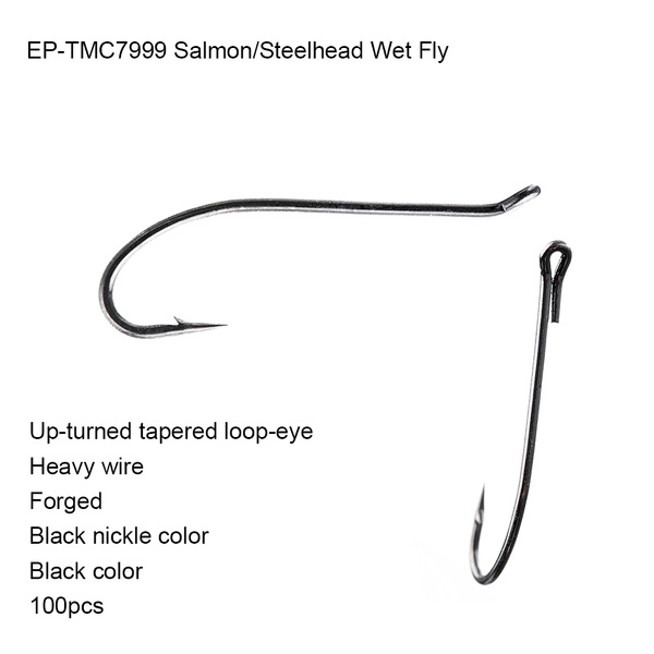 Eupheng 100pcs EP-TMC7999 Salmon Steelhead Wet Fly Fishing Hook Black  Nickle Up-turned Tapered Loop Eye