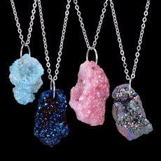 Irregular Natural Stone Rose Quartz Crystal Amethyst Pendants Necklaces for Women Drusy Druzy Silver Chain Statement Necklace Jewelry