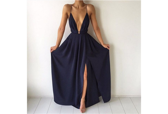 New Arrival Split Maxi Dress Dark Blue Solid Sexy Deep V Neck