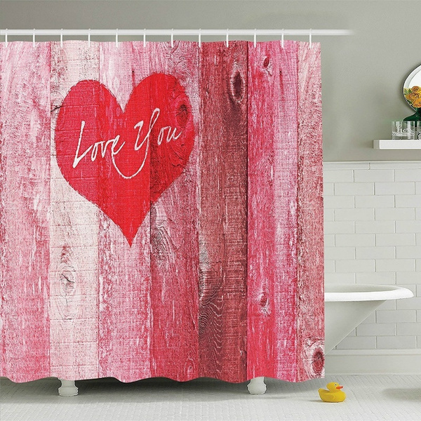 Valentine's Day Hearts on Wooden Background Polyester Fabric Shower Curtain Set 