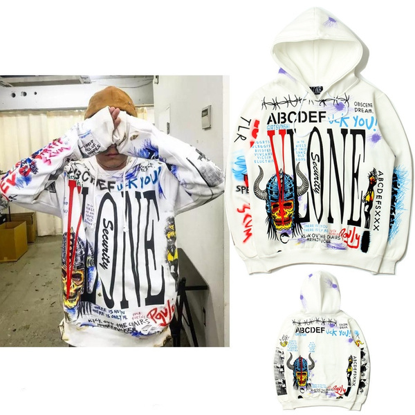 Hot Sale 2018 New Fashion Brand Cotton Coat Leisure VLONE Hoodies Hip Hop Graffiti Devil Male and Female Couple Sweater