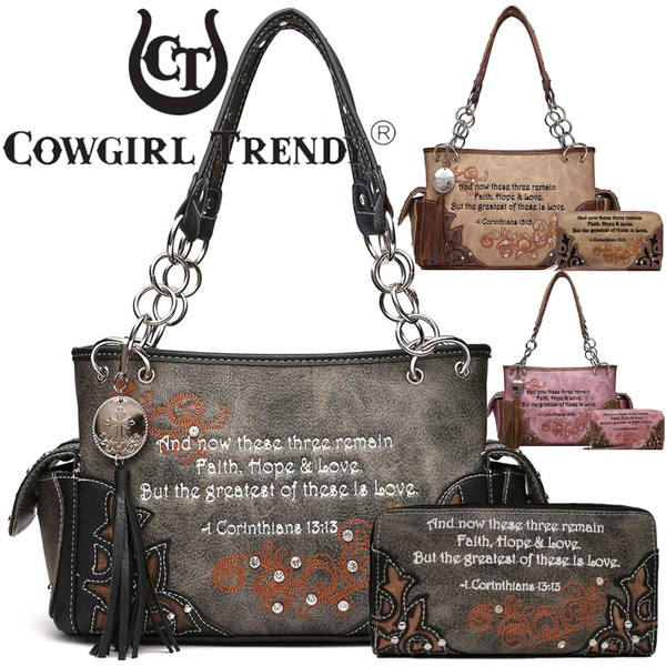 Embroidery Corinthians Bible Verse Purse Western Handbag Shoulder Bag Wallet Set 