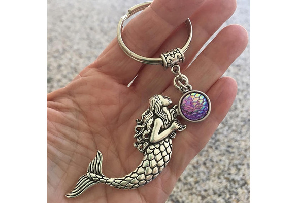 Silver Mermaid Tail Charm Keychain Whale Tail Charms Initial Charm Mermaid Keychain Personalized Keychain Initial Keychain