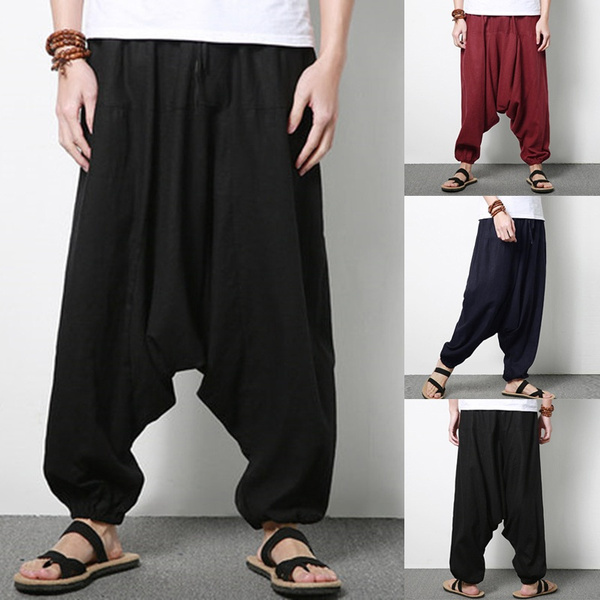 S-5XL Men's Casual Cotton Wide Legs Harem Pants Boho Yoga Hippie ...