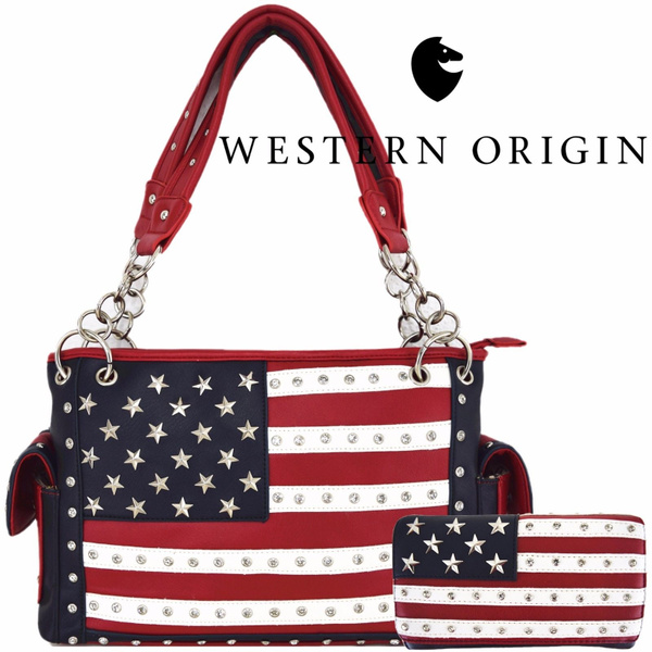 American Flag Stars and Stripes Rhinestone Women Leather Handbags