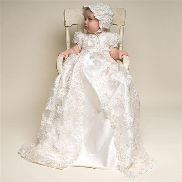 Bonnet Baby Girl Baptism Dresses Lace Christening Gowns White Ivory Size 0-24M
