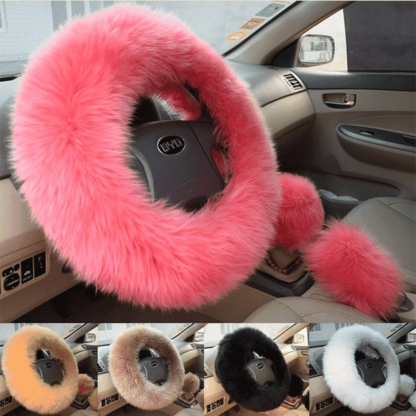 Fur Long Plush Steering Wheel Cover Car Soft Wool  3Pieces/Set Handbrake Case 