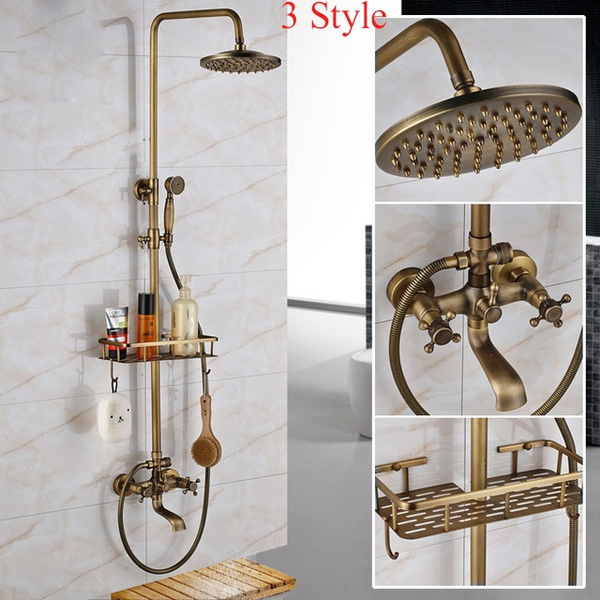 Antique Brass Wall Mounted Bathtub Shower Set Faucet Dual Handle with ...