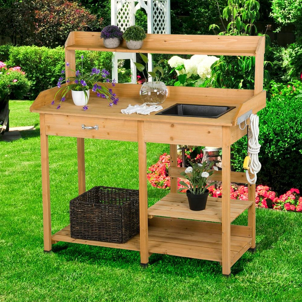 Wooden Planter Stands Potting Bench Outdoor Indoor Workbench Station Garden Planting Wood Shelves Natural Wish Wooden Planter Stands Potting Bench, Outdoor Garden Potting Workbench