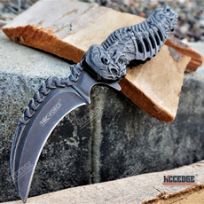 USA SELLER USA STOCK 8.25" SKULL STONEWASHED KARAMBIT RAZOR Tactical Survival POCKET Knife Etched Skeleton CLAW Folding Blade