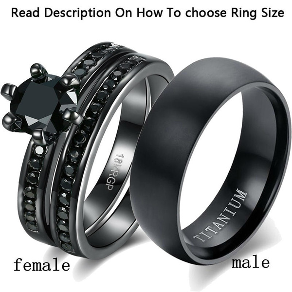 Two Rings Couple Rings Sz5-13 His Hers 18kgp Black Gold Plated Agate  Titanium Steel Womens Ring