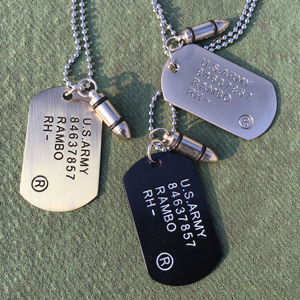 Mens Military Army Bullet Charm Dog Tags SINGLE EMBOSSED Chain