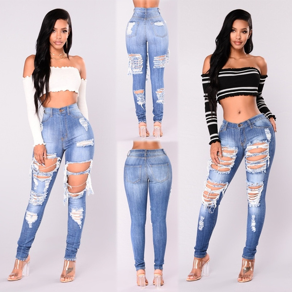 Women Ripped Jeans Sexy Hollow Distressed Jeans Stretch Skinny