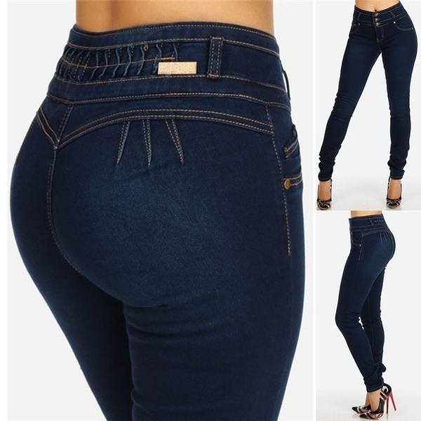YYDGH Women's High Waist Butt-Lifting Skinny Jeans Leggings Pants Solid  Color Slim Denim Pencil Pants Dark Blue Dark Blue