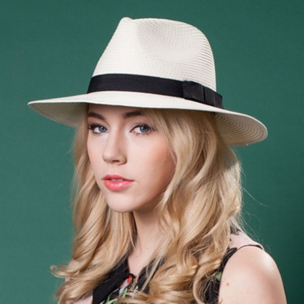 Men Women Panama Fedora Hat Trilby Cap Straw Wide Brim Sunhat Sombrero Sunbonnet