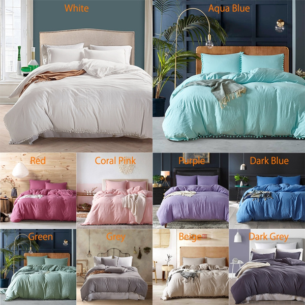 Plain Solid Color Washed Cotton Pom Bedding Set Pillowcases With Duvet Cover Single Double Twin Queen King Size White Aqua Blue Wine Red C Pink Lavender Purple Dark Grass Green - Plain White Double Bedding Set Plain Solid Color Washed Cotton Pom Bedding Set Pillowcases With Duvet Cover Single Double Twin Queen King Size White Aqua Blue Wine Red C Pink Lavender Purple Dark Grass Green - Plain White Double Bedding Set
