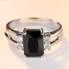 Fashion Women Baguette Cut Black CZ Crystal Ring Silver Plated Ring Jewelry Gift