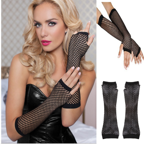 Stylish Long Black Fishnet Gloves Womens Fingerless Gloves Girls