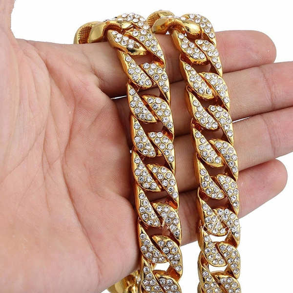 Heavy 24K Solid Gold Jewelry Plated Full Diamond MIAMI CUBAN LINK Necklace  Men Hip Hop Bling Iced Out Chains