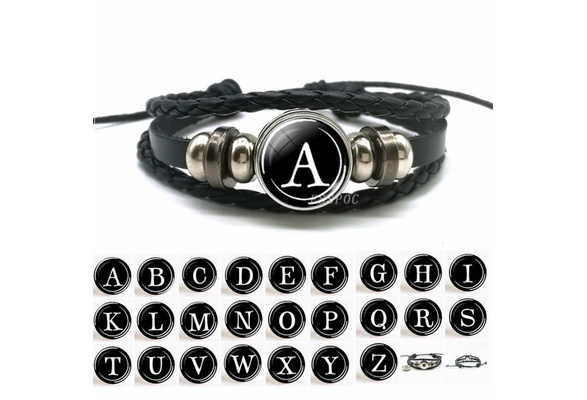 A-Z English Letters Leather Bracelet 26 Initial Letters Cabochon Glass  Black Color Snap Bracelet Women Men